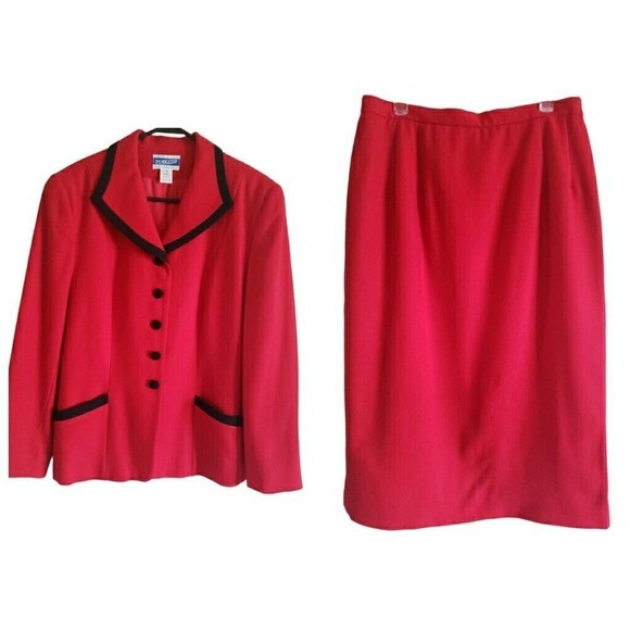 Vintage Pendleton Virgin Wool Blazer Skirt Set 12 Red Black Trim Classic USA